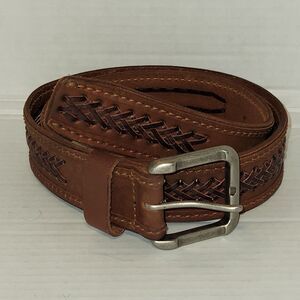 Fossil Brown Leather Belt Mens 34 NWOT Woven Detail Pewter Color Buckle Western